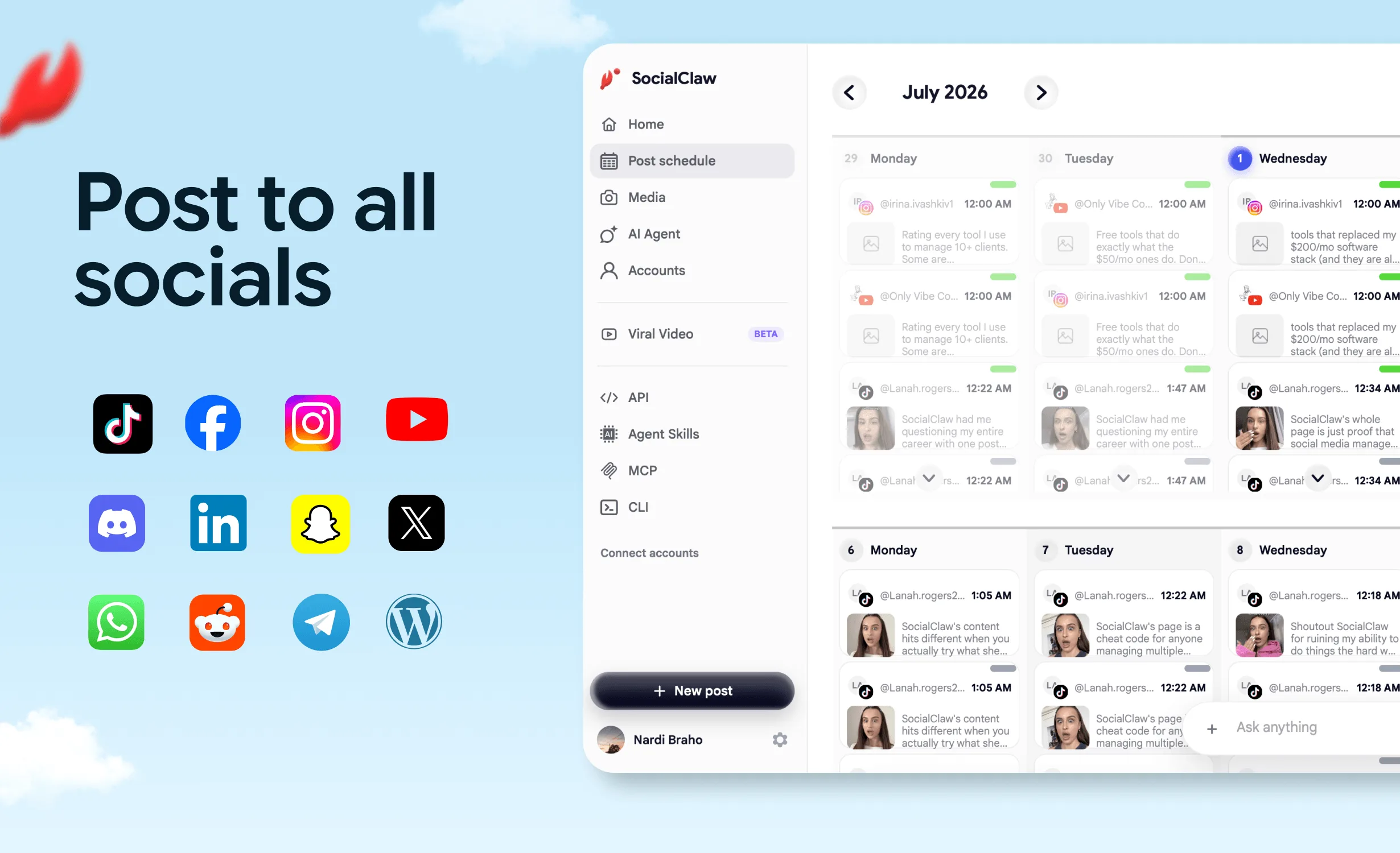 SocialClaw dashboard posting to all major social platforms from one calendar.