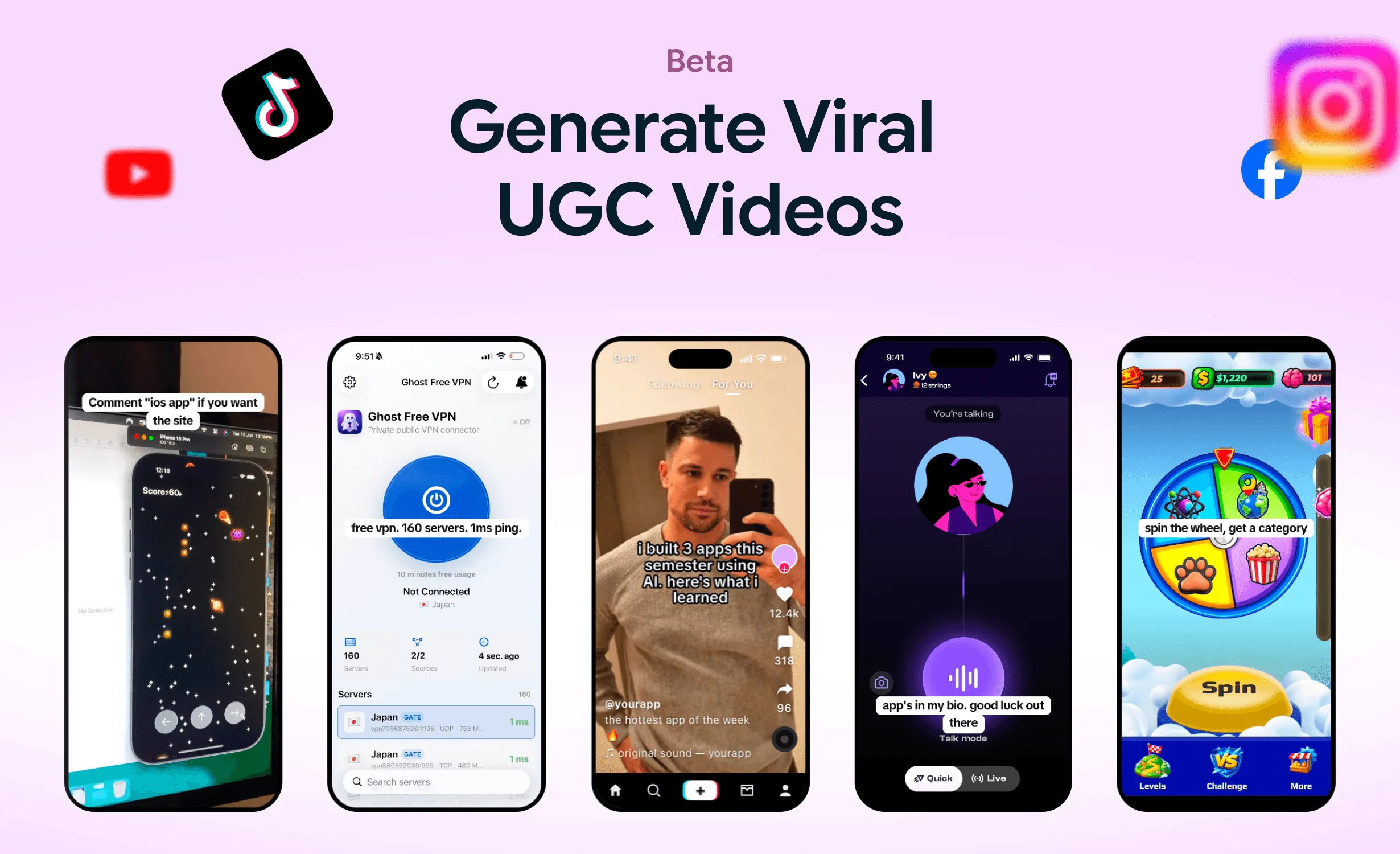 AI-generated viral UGC videos for TikTok, Instagram, and YouTube, illustrating SocialClaw as a Later alternative for visual content