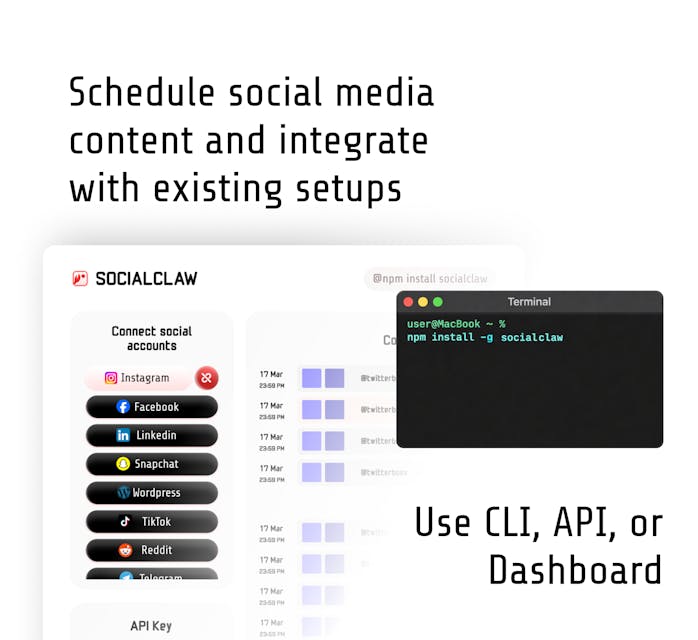 SocialClaw promotional graphic showing CLI, API, and dashboard scheduling workflows.