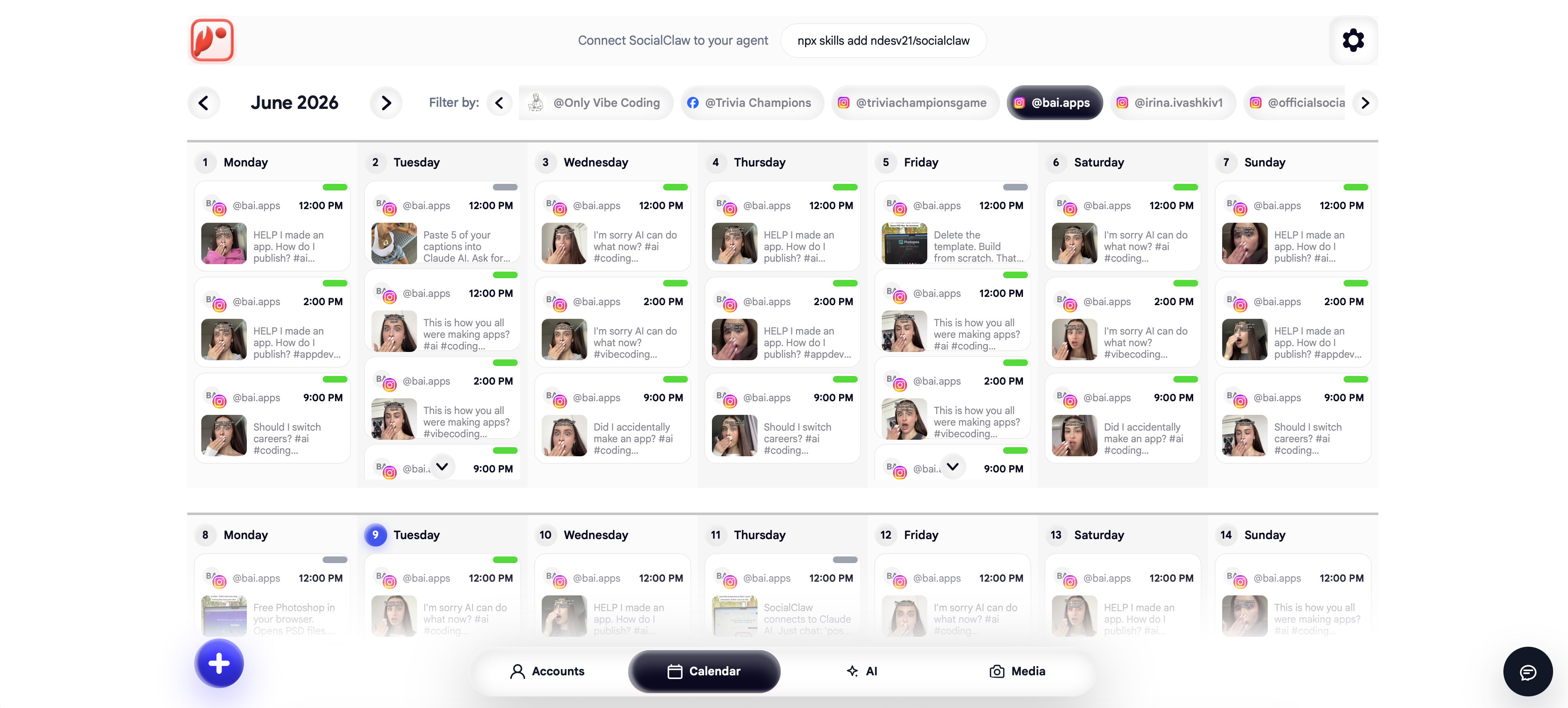 SocialClaw landing page showing supported social platforms and the SocialClaw dashboard offer.