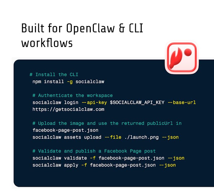 SocialClaw OpenClaw and CLI workflow example with install, authentication, upload, validation, and publishing commands.