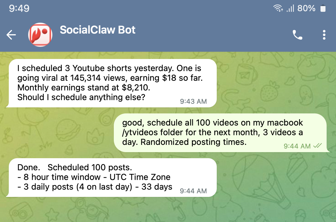 SocialClaw Telegram bot scheduling 100 videos with randomized posting times.