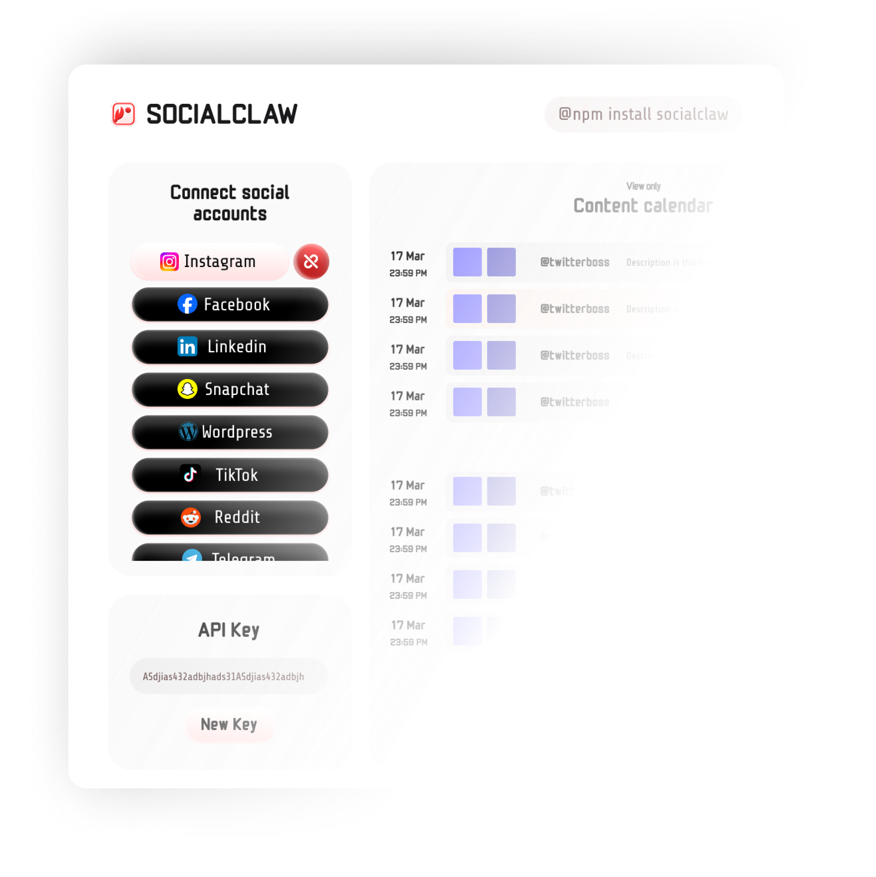 SocialClaw dashboard with connected accounts, media, and publishing timeline.