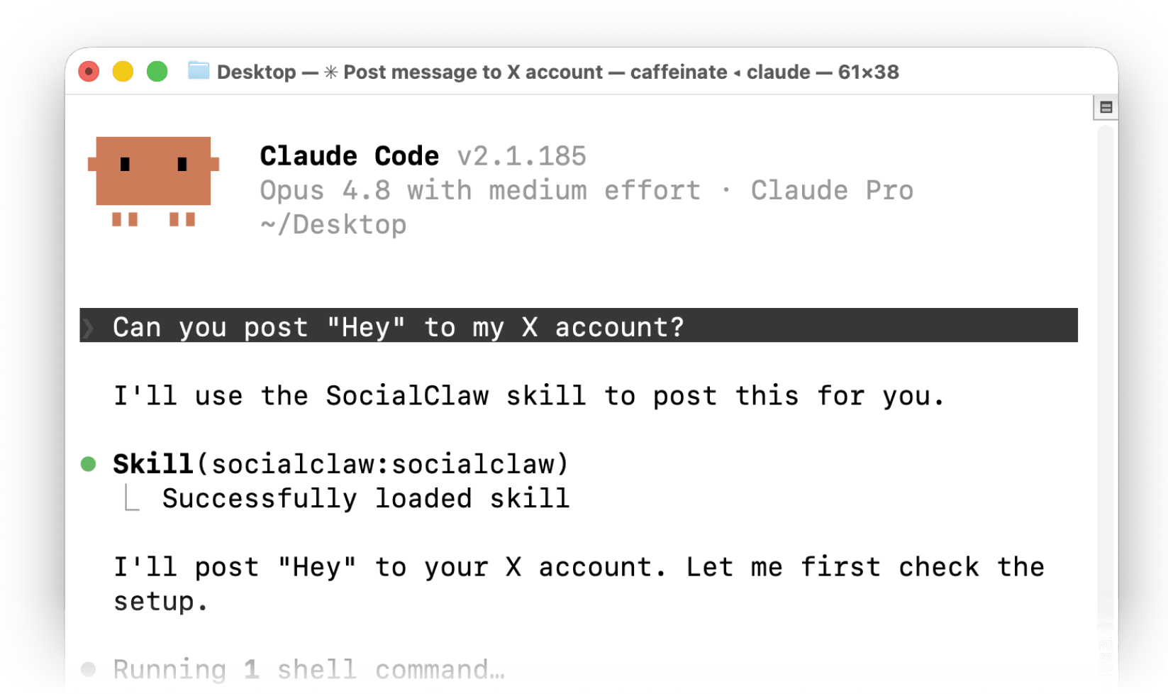 A terminal driving the SocialClaw CLI to post to an X account through an AI agent skill